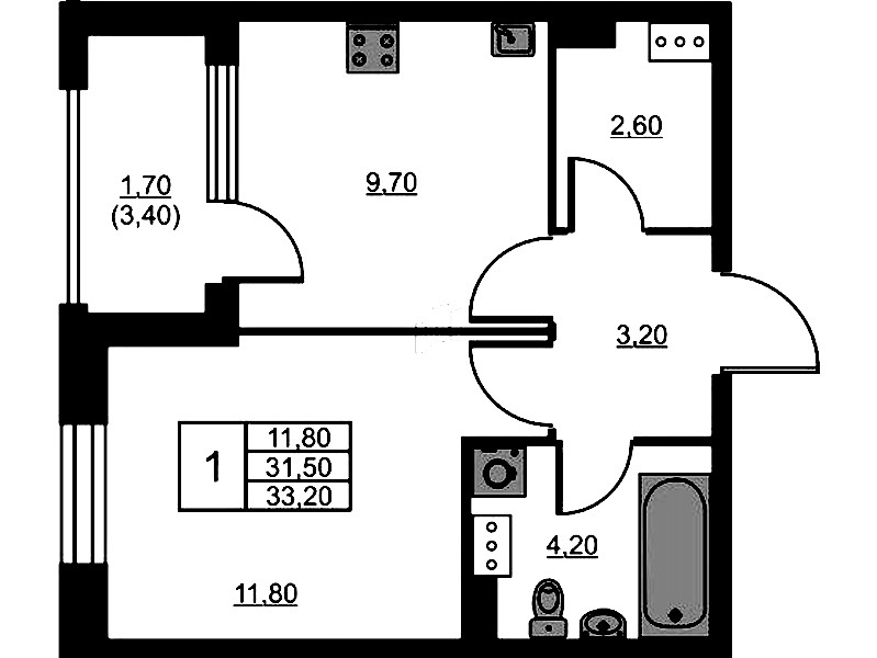 1-комнатная квартира 33.2 м², 10/13 эт., ЖК «Тайм Сквер»